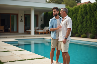 Couple discutant de la taille de leur piscine dans le jardin