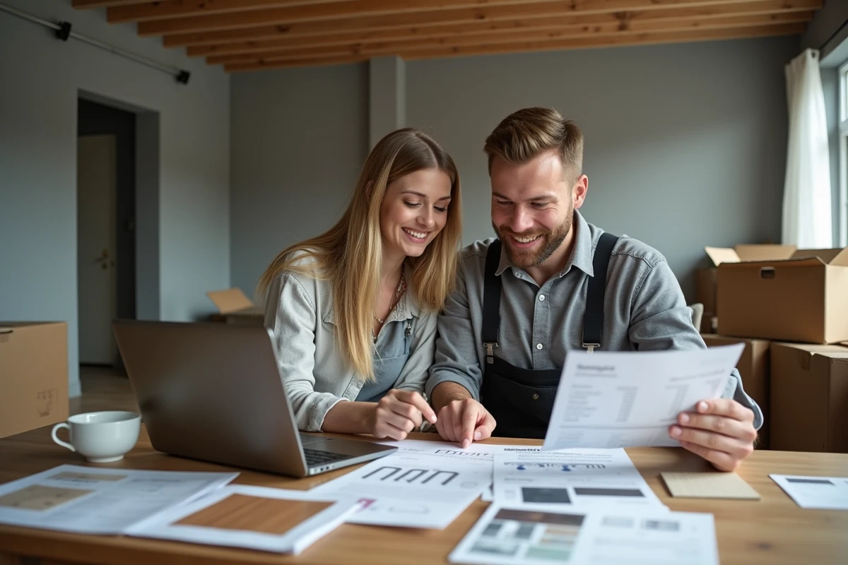 Couple planifiant une rénovation à domicile en comparant des devis et des échantillons de matériaux sur une table