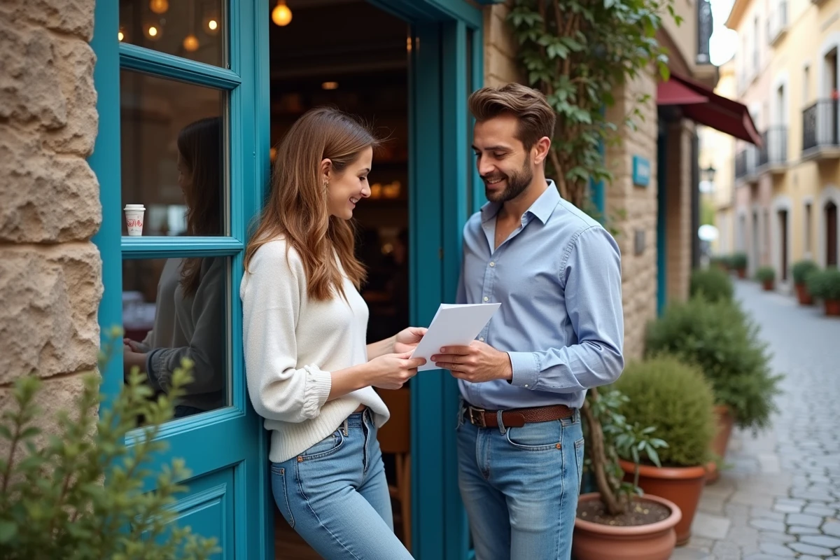 Couple devant un restaurant vérifiant une réservation
