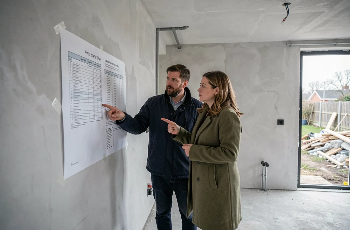 Couple vérifiant le coût au m2 de leur maison neuve en fin de construction