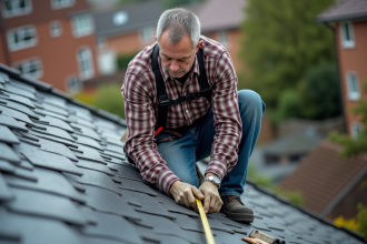 Couvreur homme vérifiant l'angle du toit en ardoise