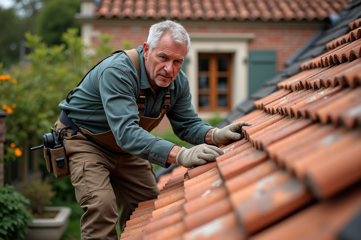 Couvreur inspectant des tuiles en terre cuite sur un toit traditionnel
