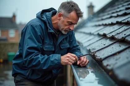 Couvreur en pleine soudure de zinc sous la pluie