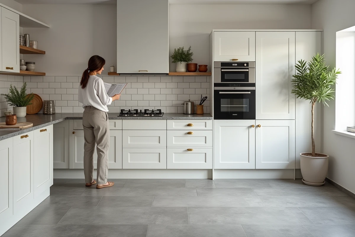 Cuisine moderne clé en main avec carrelage sol grand format gris et îlot central élégant