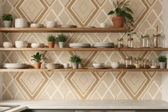 Cuisine moderne avec papier peint beige à motifs géométriques graphiques derrière des étagères en bois ouvertes