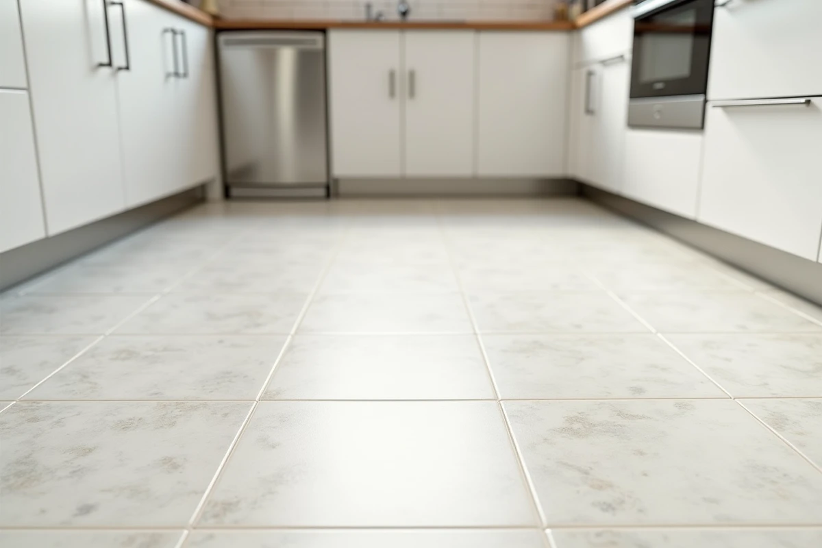 Cuisine moderne rénovée avec un sol PVC rouleau pas cher à effet carrelage blanc et gris, vue d'ensemble de la pièce après pose