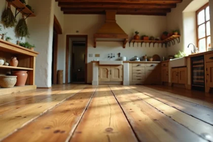 Cuisine rustique avec parquet en chêne à larges lames et poutres apparentes, ambiance maison de campagne