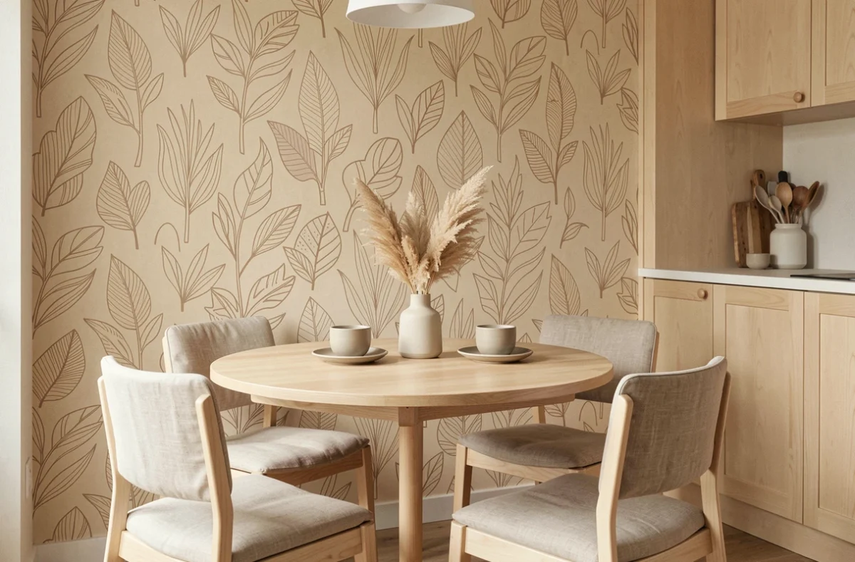 Coin repas dans une cuisine scandinave avec papier peint beige à motifs graphiques botaniques et table en bois ronde