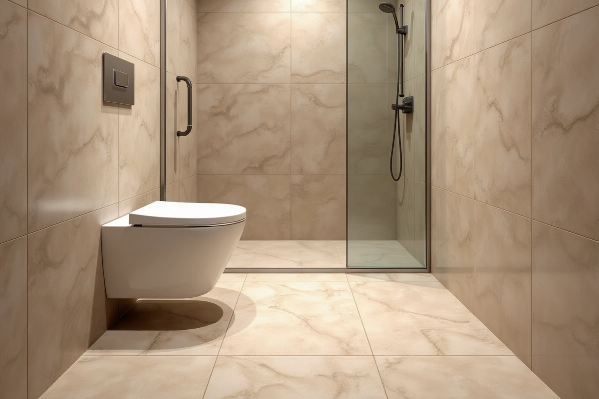 Salle d'eau minuscule avec carrelage grand format effet travertin du sol au plafond pour un effet spacieux et cohérent