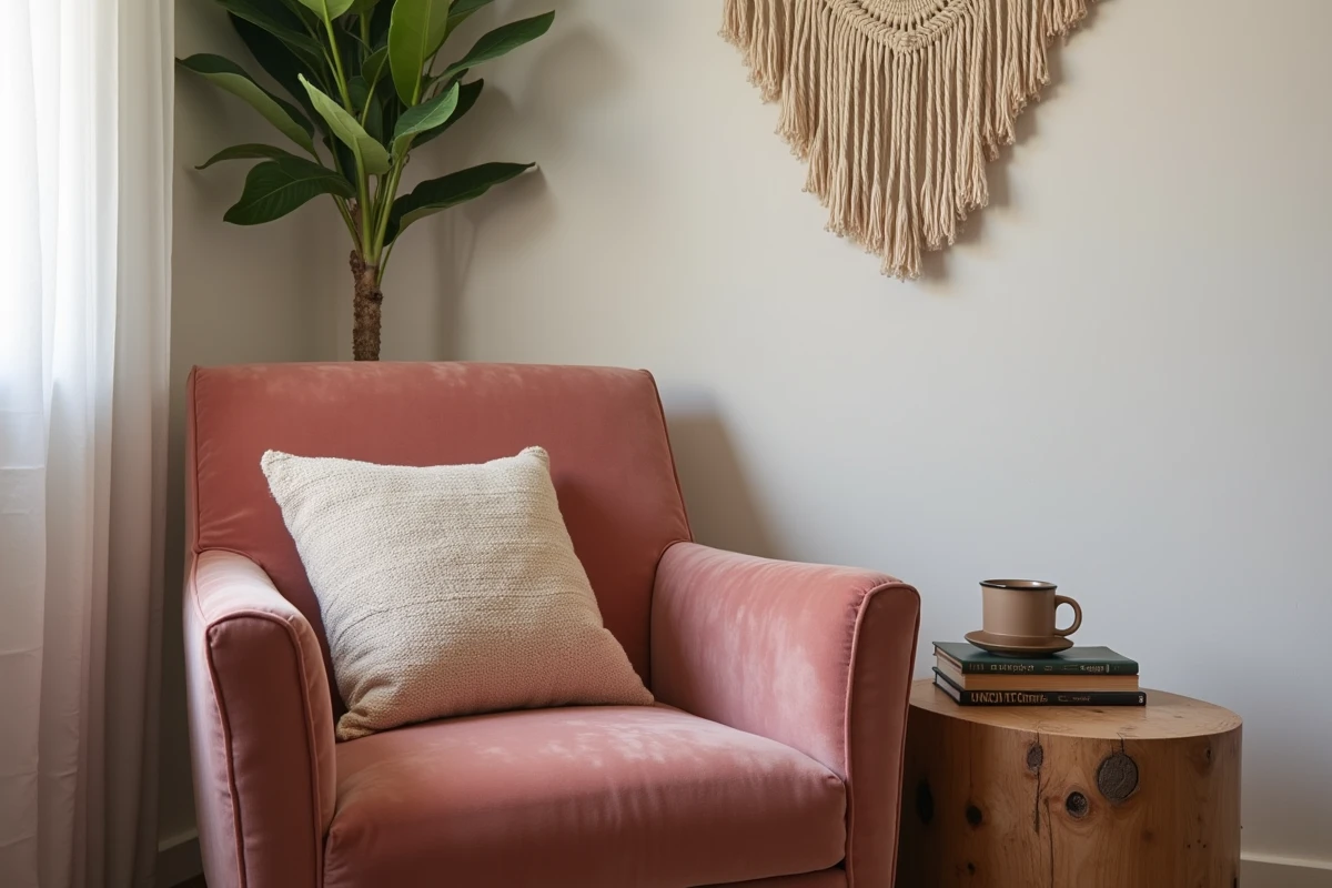 Coin salon décoré avec soin à petit budget avec fauteuil vintage et table en bois recyclé