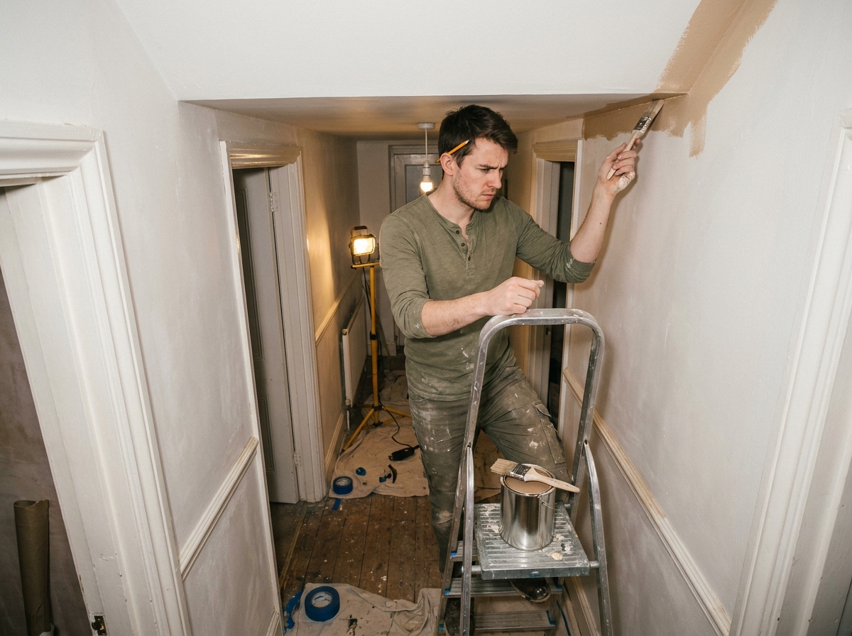 Jeune homme sur un escabeau traçant une ligne de peinture imprécise au plafond dans un couloir, erreur de découpe murale