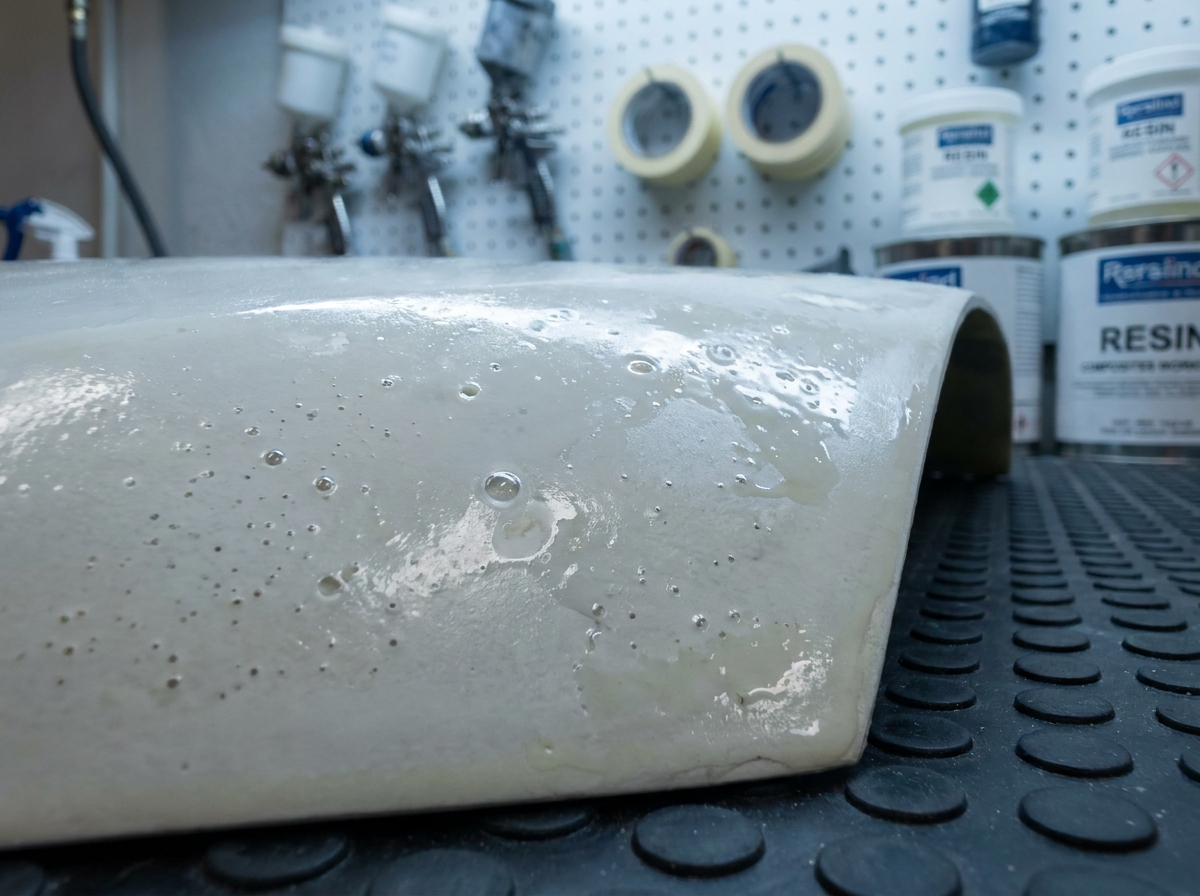 Gros plan sur les défauts de finition d'une pièce composite, bulles et cratères dans le top coat