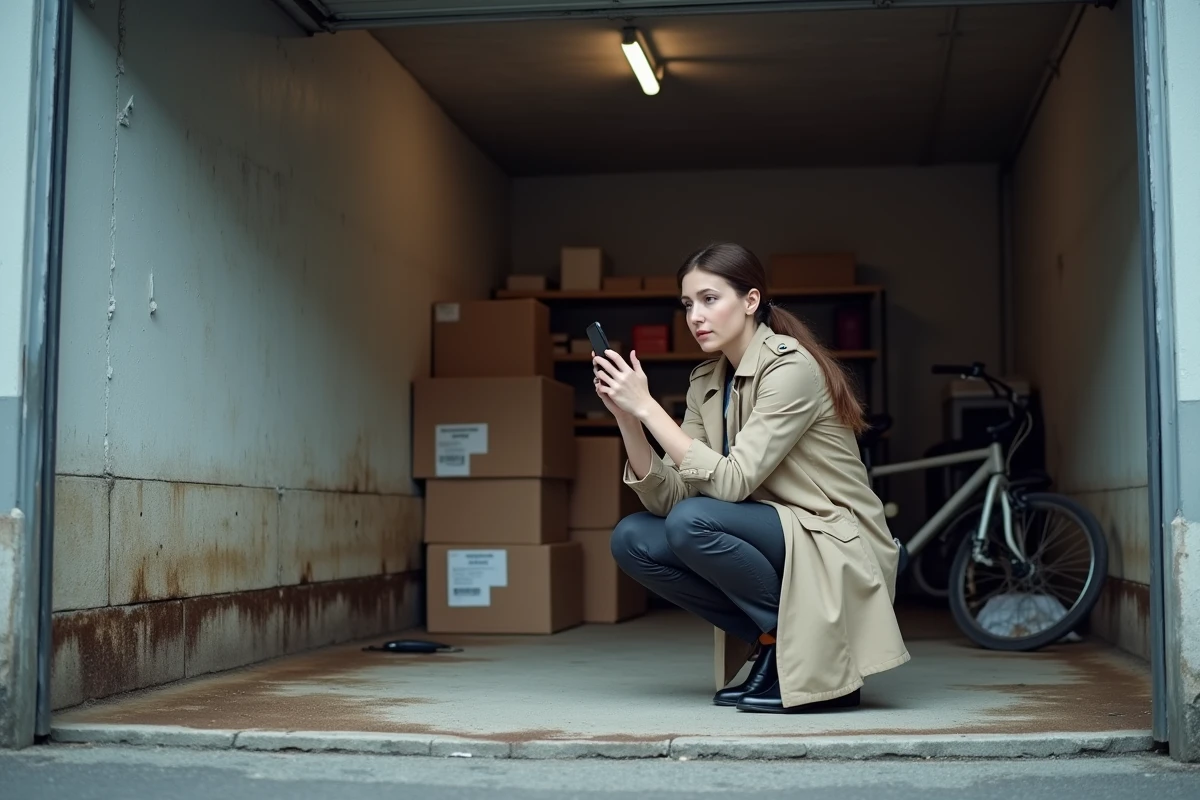 Femme constatant des dégâts des eaux à l'intérieur d'un box garage humide pour déclaration d'assurance