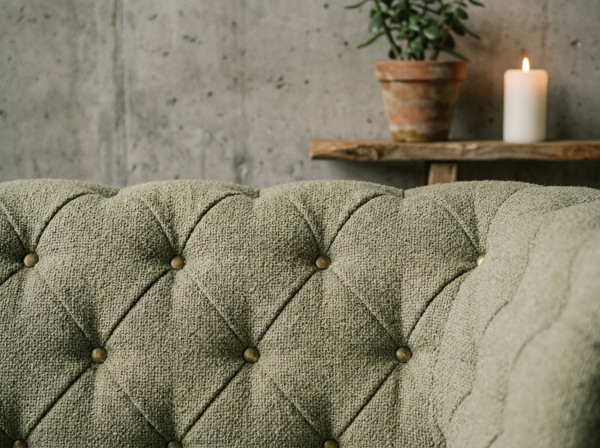 Détail du capitonnage bouclé vert sauge avec boutons en laiton sur canapé moderne devant un mur en béton