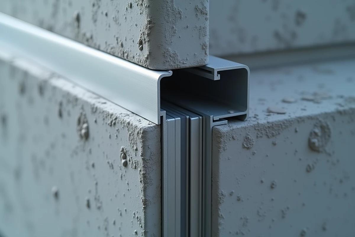 Détail d'un assemblage de tube aluminium rectangulaire fixé sur un mur extérieur en béton avec visserie inoxydable