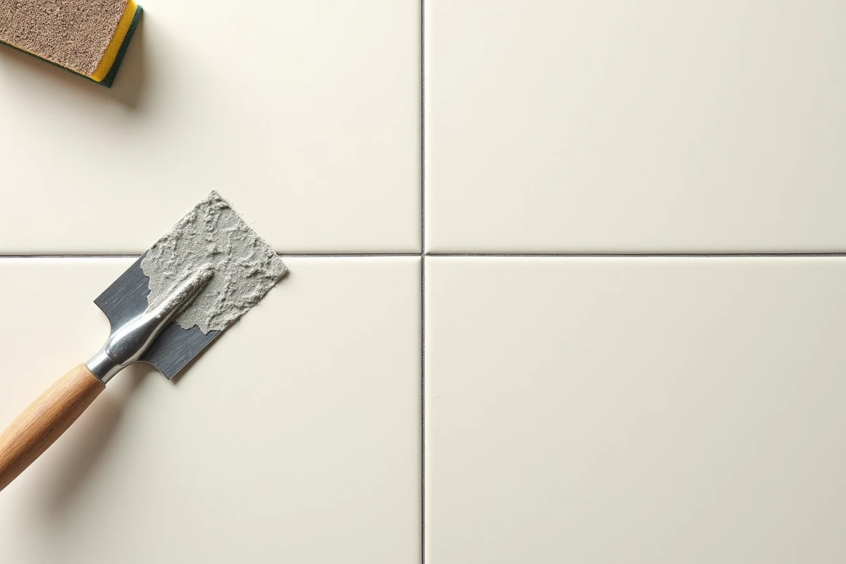 Détail de joints de carrelage sol cuisine fraîchement posés avec truelle et éponge de jointoiement