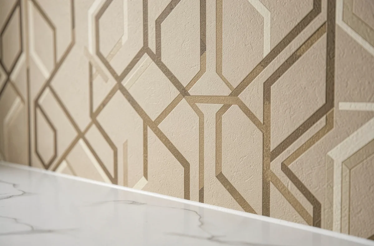 Détail rapproché du papier peint beige à motifs graphiques hexagonaux dans une cuisine avec plan de travail en marbre blanc