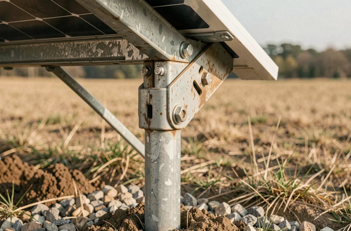 Gros plan sur le support réglable en acier galvanisé fixant un panneau solaire à un mat ancré dans le sol