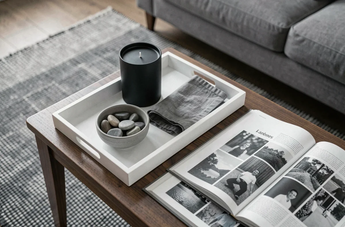Gros plan sur une table basse décorée en noir gris et blanc avec plateau, bougie noire et livre de photographie dans un salon minimaliste