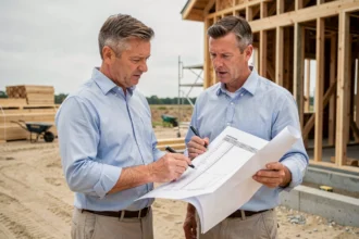 Homme consultant des plans et un devis de construction devant une maison en chantier