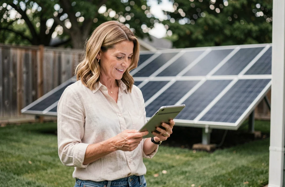 Propriétaire consultant un devis pour un kit panneau solaire maison autonome dans son jardin
