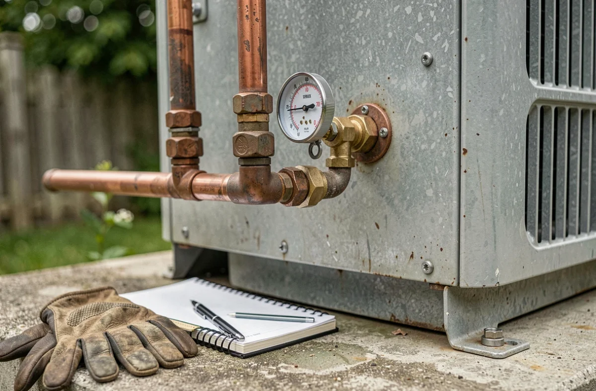 Gros plan sur les connexions et le manomètre d'une pompe à chaleur lors d'un diagnostic de maintenance