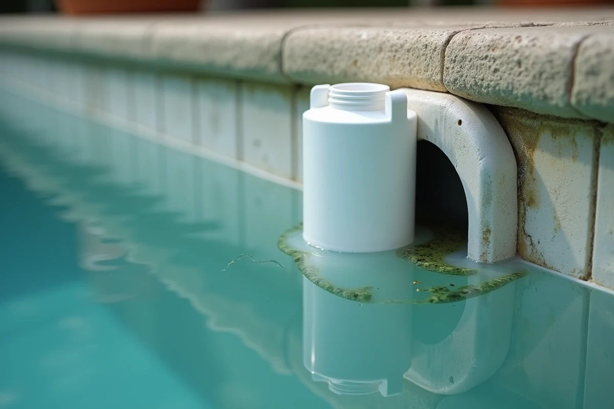 Diffuseur de chlore flottant dans une piscine à l'eau trouble avec traces de calcaire et algues sur les parois