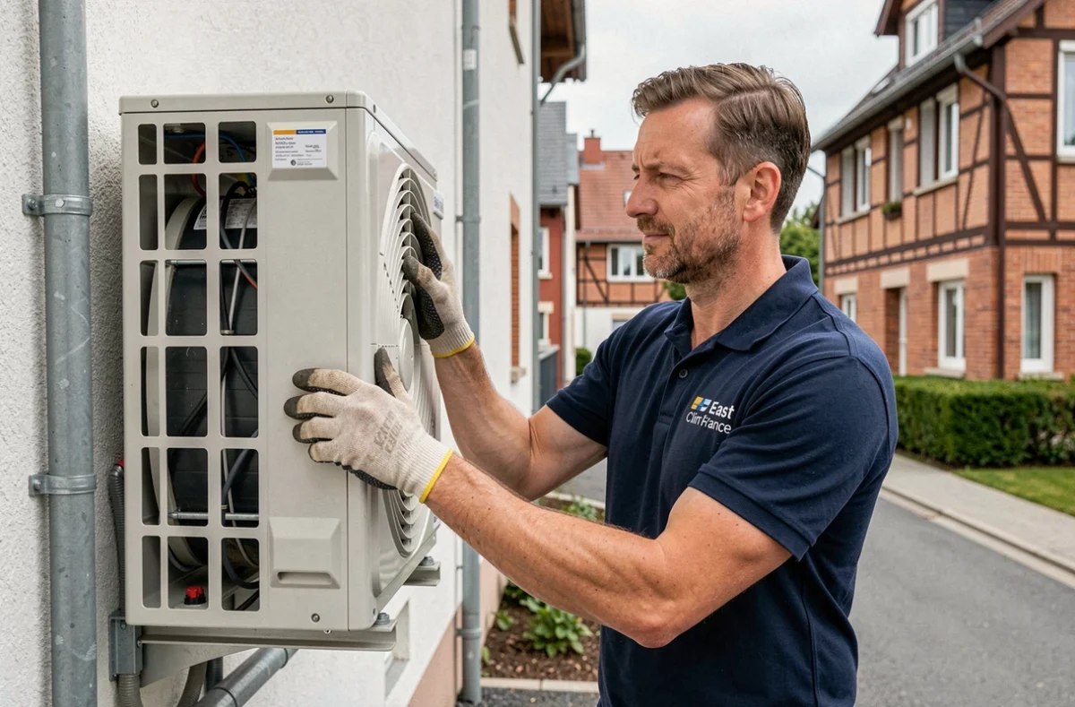 Technicien East Clim France installant une unité extérieure de climatisation sur une maison du Bas-Rhin