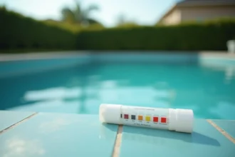 Eau trouble dans une piscine résidentielle avec kit de test de chlore posé sur le bord carrelé