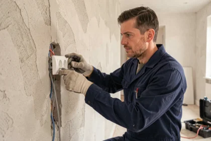 Électricien professionnel installant une prise électrique double aux normes NFC 15-100 dans un appartement en rénovation