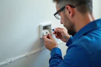Électricien installant une prise pour goulotte électrique sur un mur intérieur avec tournevis