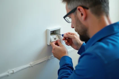 Électricien installant une prise pour goulotte électrique sur un mur intérieur avec tournevis
