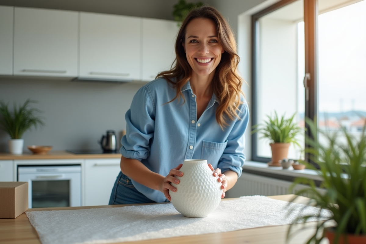 Femme emballant un vase en céramique dans une cuisine moderne