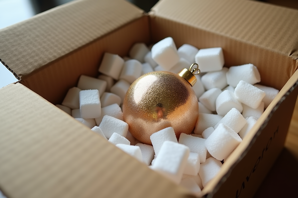 Objet fragile dans une boîte avec matériaux de protection