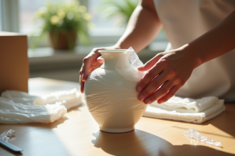 Mains enveloppant une porcelaine fragile dans du papier bulle