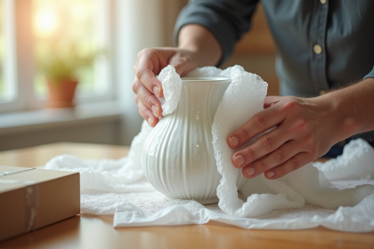 Mains enveloppant une porcelaine fragile avec du papier bulle