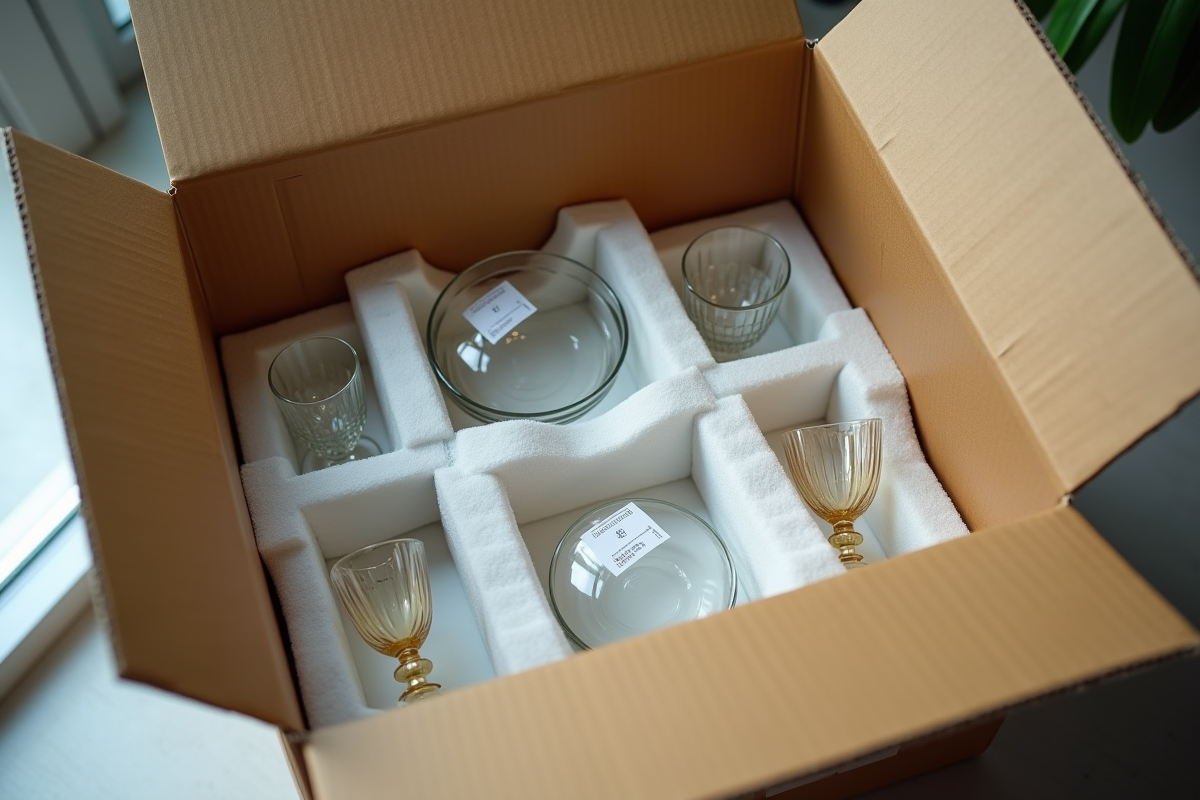 Boîte en carton remplie de verre bien protégé avec mousse