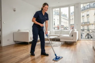 Employée de ménage professionnelle en uniforme nettoyant un appartement moderne en Seine-Saint-Denis