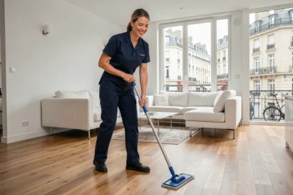 Employée de ménage professionnelle en uniforme nettoyant un appartement moderne en Seine-Saint-Denis