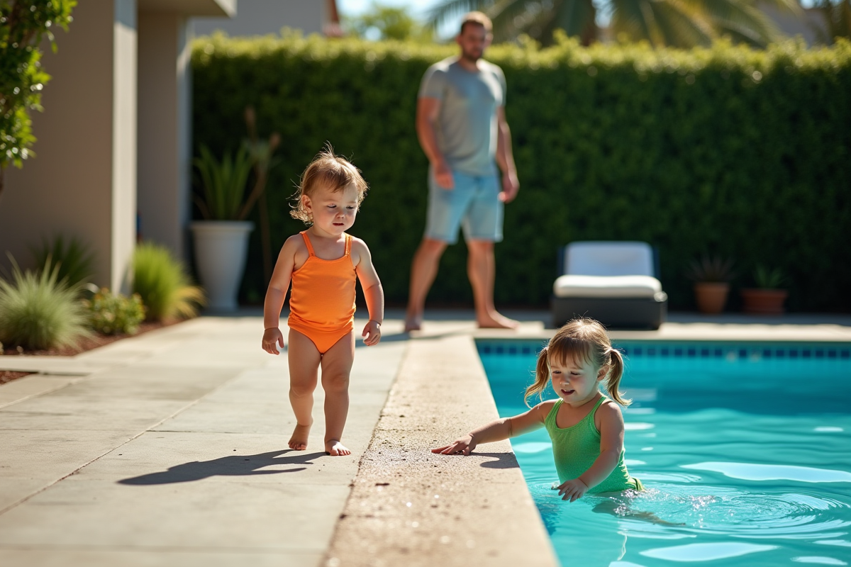 Enfants jouant au bord de la piscine sous supervision