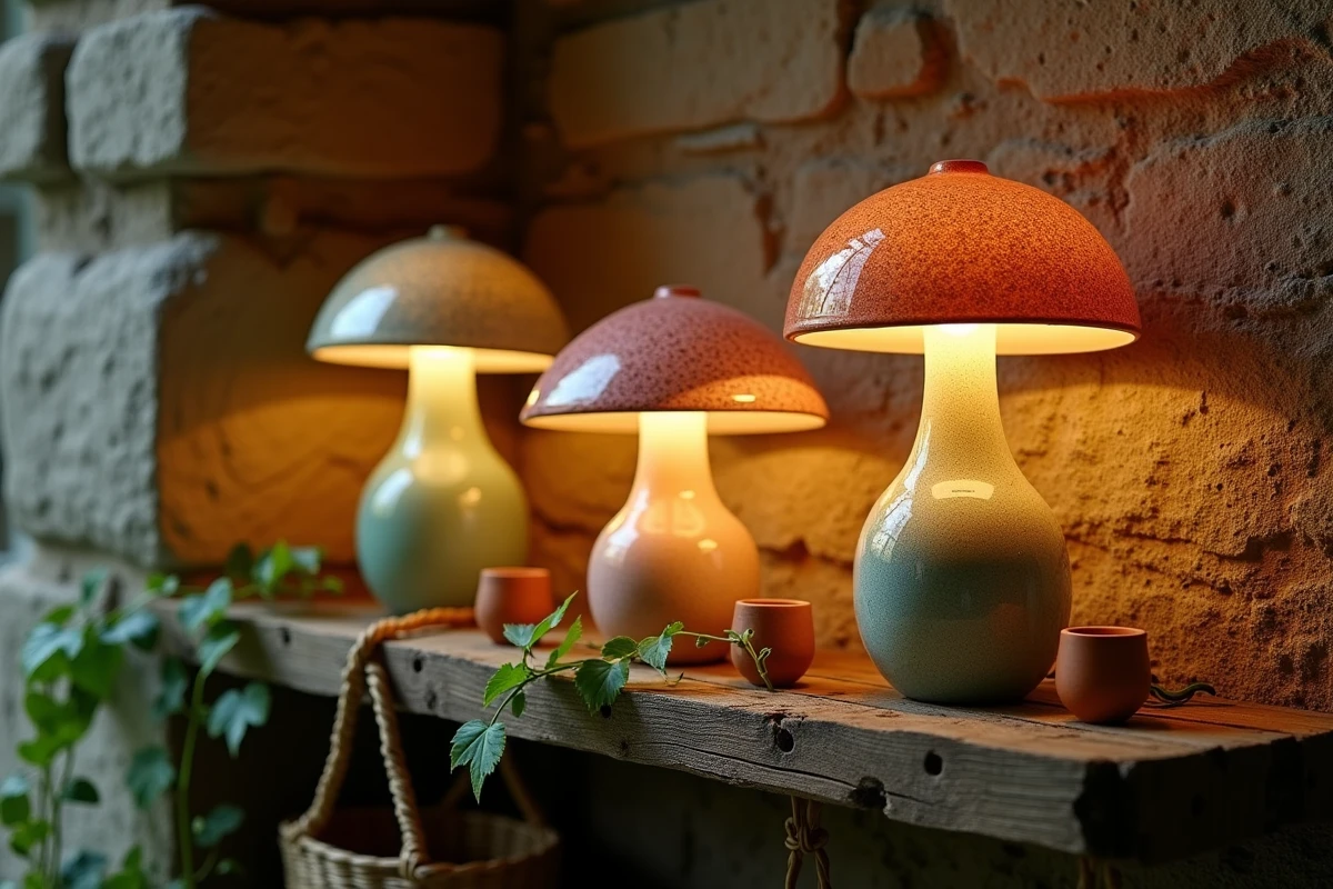 Ensemble de trois lampes champignons en céramique de couleurs naturelles sur une étagère en bois rustique avec plantes vertes