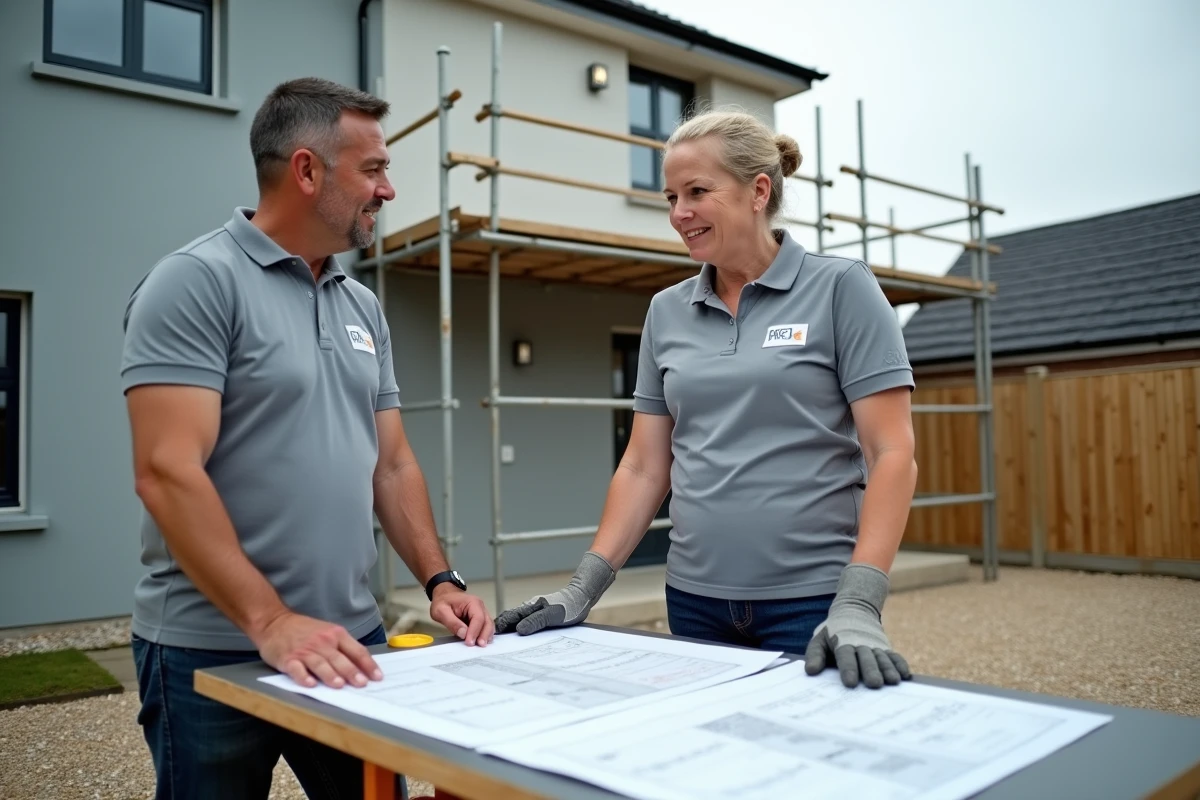 Deux artisans en tenue de travail discutant de plans devant une maison en cours de rénovation, illustrant le sérieux et la fiabilité d'une entreprise de rénovation