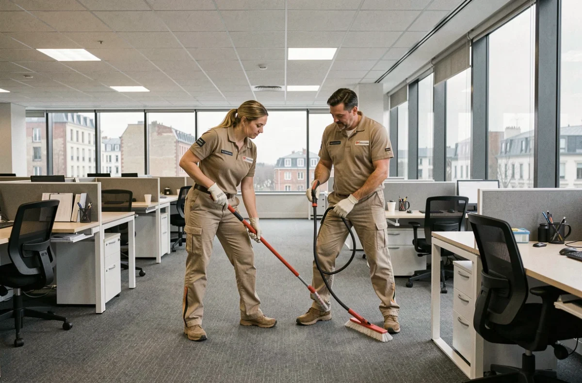 Équipe de nettoyage professionnelle au travail dans un bureau commercial de Seine-Saint-Denis