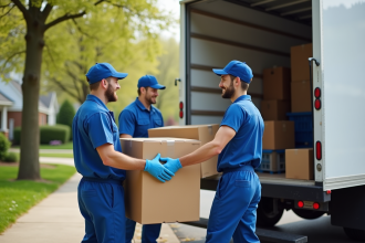 Groupe de déménageurs professionnels en action dans la rue