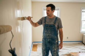 Homme peignant un mur avec des traces de pinceau irrégulières, erreur fréquente lors d'une peinture maison en bricolage