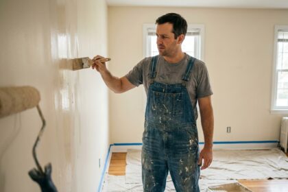 Homme peignant un mur avec des traces de pinceau irrégulières, erreur fréquente lors d'une peinture maison en bricolage