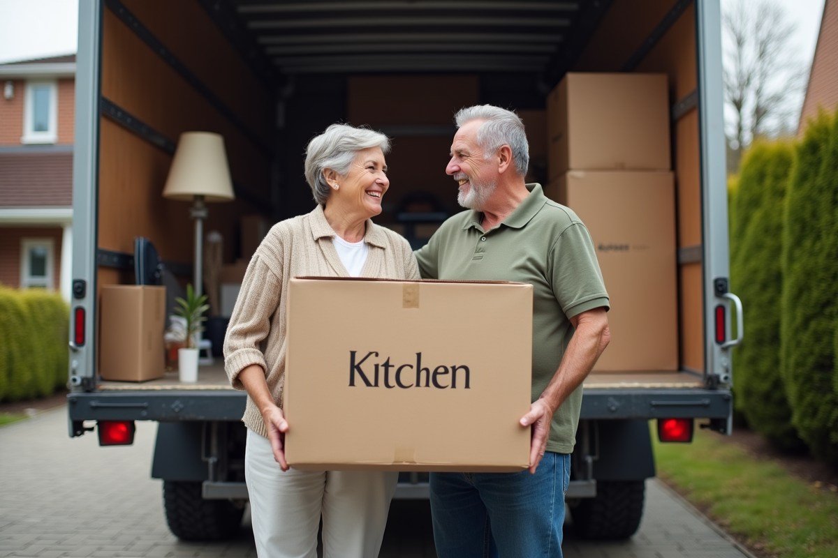 Famille souriante devant un camion de déménagement dans la rue