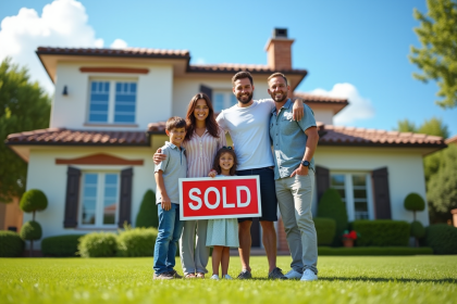 Famille heureuse devant une maison vendue en banlieue