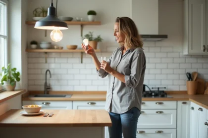 Femme examinant une ampoule E27 sous un plafonnier suspension en verre dépoli dans une cuisine moderne