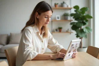 Femme utilisant une application de décoration intérieure sur tablette dans un salon moderne au style scandinave